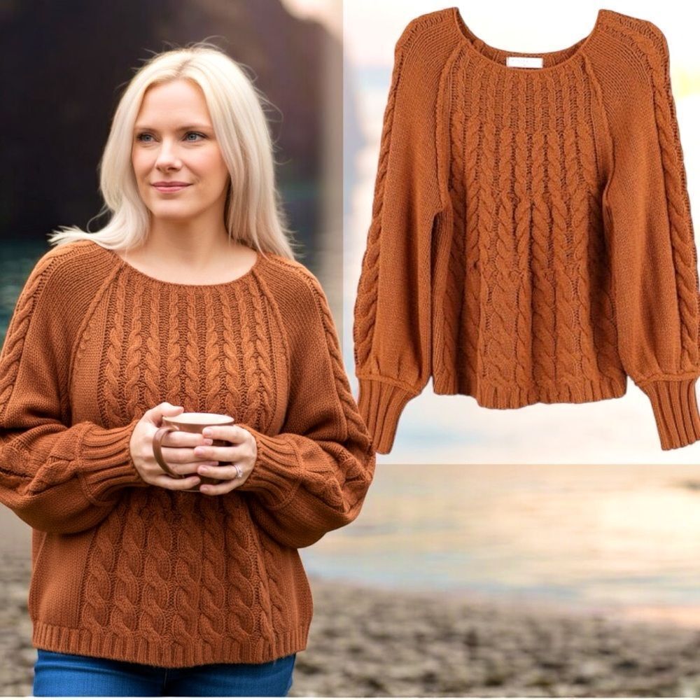 Rust Cable-Knit Round Neck Raglan Sleeve Sweater Large NEW - HYFVE - Picture 3 of 14